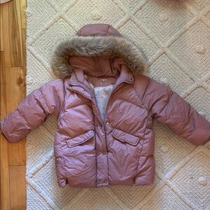 Zara Blush Puffer Jacket with Faux Fur Trim